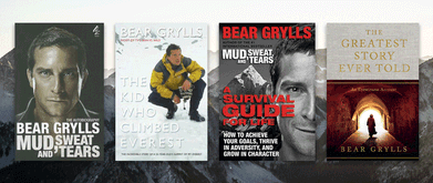 Four of Bear Grylls' books set against photo of mountains.