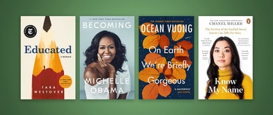 Four book covers set against olive green background.