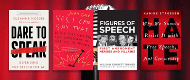 Covers of books about free speech against red background with mic.