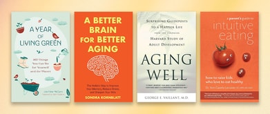 Four healthy lifestyle books set against yellow background.