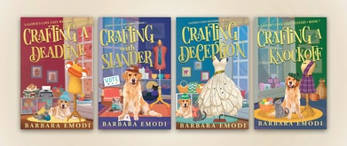 Four book covers set against beige background.