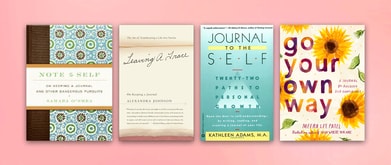 Four book covers set against pink background.