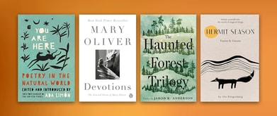 Four book covers set against orange background.