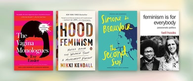 Four book covers set against green background.