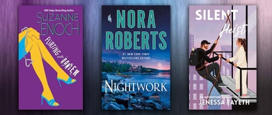 collage of romance heist books including nora roberts nightwork
