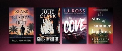 Four book covers set against dark pink background.