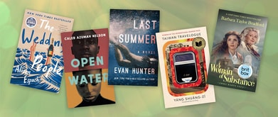 Five book covers set against green background.