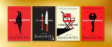 Four book covers set against yellow spiral background.
