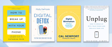 Four book covers set against blue background.