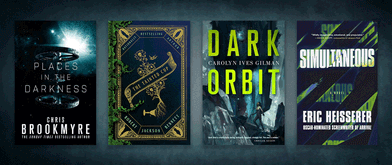 Covers of four books set against blue background.