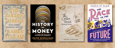 four book covers on beige background