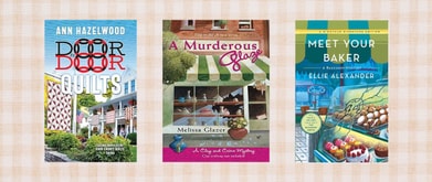 Three book covers on a brown gingham background