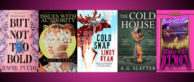 Covers of the five books on this list on a pink and black gradient background.