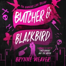 Pink skills bones birds and exes against a black background on the cover of Butcher and Blackbird