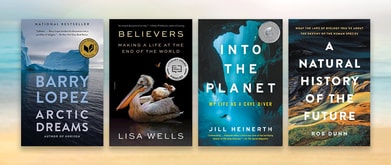 Four natural history book covers set against beach background.