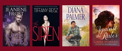 four book covers over dark pink background