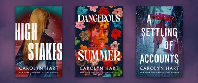 Three book covers set against purple background.
