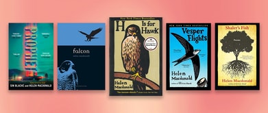 Five books from Helen Macdonald set against pink background.
