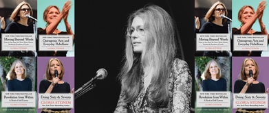 Four of Gloria Steinem's books next to a photo of her.