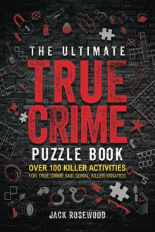 the-ultimate-true-crime-puzzle-book_mystery-and-thriller-gift-guide-zodiac-sign A book cover scattered with puzzle pieces, handcuffs, and the like.