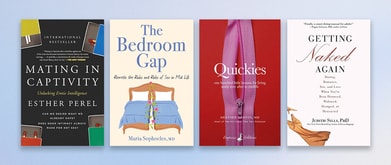 Four book covers set against light blue background.