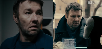 This screenshot of the 'Dark Matter' trailer displays two versions of the same man