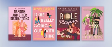 Four book covers set against periwinkle background.