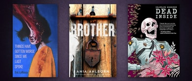 Three book covers set against purple background.
