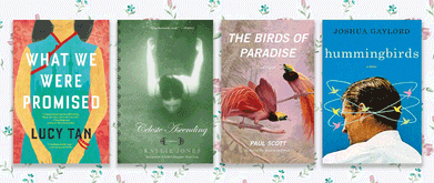 Four books set against floral background.