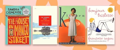Four book covers set against floral background.