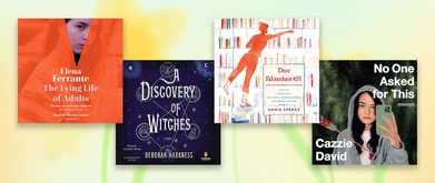 Four audiobook covers set against floral background.