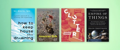 Four book covers set against sage green background.
