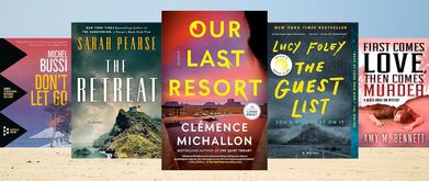 Five resort murder mystery books over a beach background.