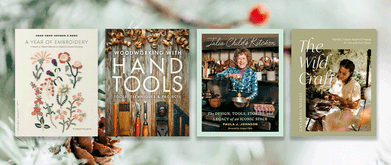 Four covers of craft and cookbooks set against winter background.