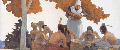 Illustration of Native Americans and Pilgrim eating. 