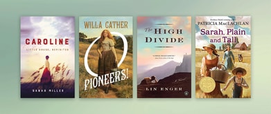 Four book covers set against sage green background.