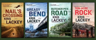 Four book covers over dark green background