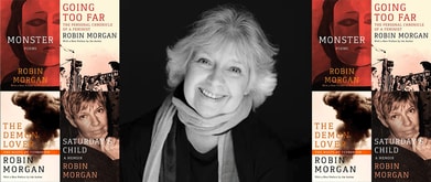 Photo of Robin Morgan next to four of her book covers.
