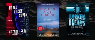 Three book covers set against photo of waves. 