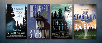 Four Dana Stabenow books set against photo of mountains.
