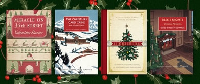Four classic Christmas books set against background of mistletoes.