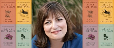 Photo of Alice Hoffman with four of her books.