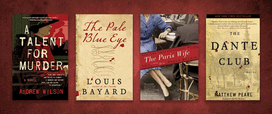 "A Talented Murder," "The Pale Blue Eye," "The Paris Wife," and "The Dante Club" against red background.