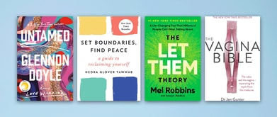 Four book covers set against light blue background.