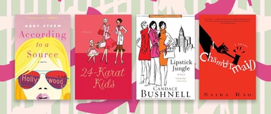 Four book covers set against green background with shoes.