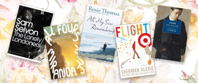 Five book covers set against floral background.