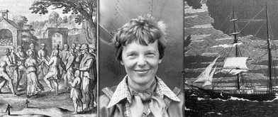 black and white images of The Dancing Plague of 1518, Amelia Earhart, and The Mary Celeste