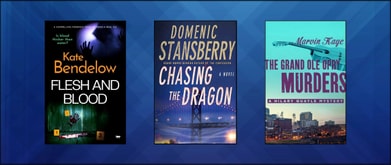 Covers of three books on sale for October over a blue background