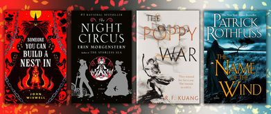 Collage of best sci-fi/fantasy debut novels, including someone you can build a nest in and name of the wind