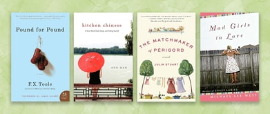 Four discounted book covers set against green background.